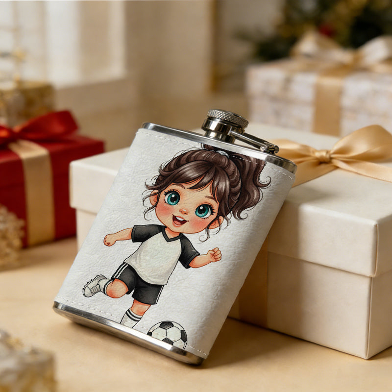 A cartoon girl playing football 8oz Stainless Steel Whiskey Flask with Fashionable pattern print Design - Portable Outdoor Camping & Hunting Flask, Perfect for Tequila, Whiskey, and Spirits - Unique Father'S Day Christmas Gift