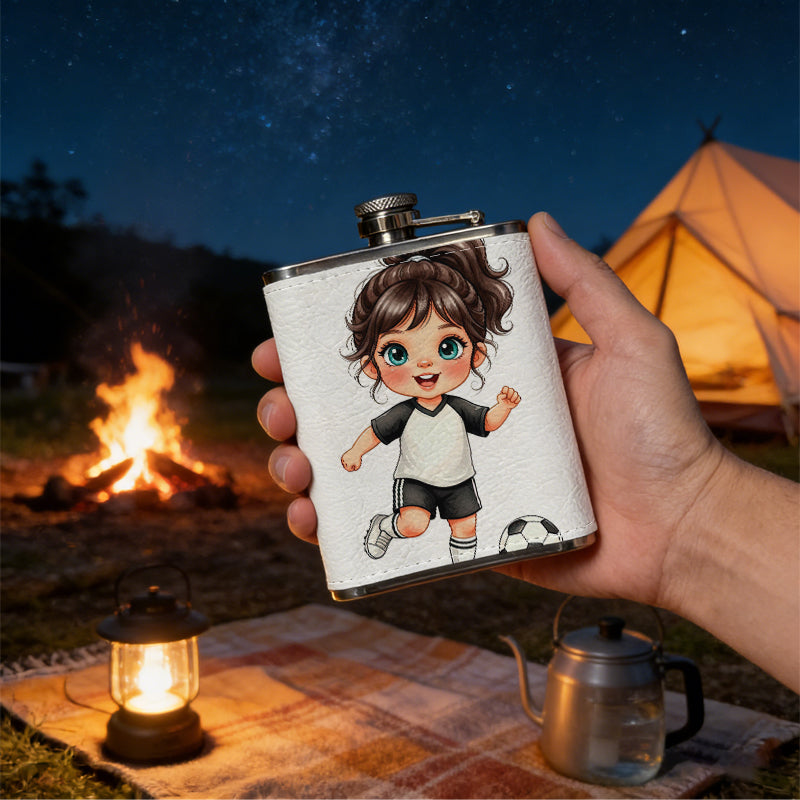 A cartoon girl playing football 8oz Stainless Steel Whiskey Flask with Fashionable pattern print Design - Portable Outdoor Camping & Hunting Flask, Perfect for Tequila, Whiskey, and Spirits - Unique Father'S Day Christmas Gift