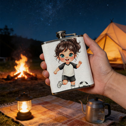 A cartoon girl playing football 8oz Stainless Steel Whiskey Flask with Fashionable pattern print Design - Portable Outdoor Camping & Hunting Flask, Perfect for Tequila, Whiskey, and Spirits - Unique Father'S Day Christmas Gift