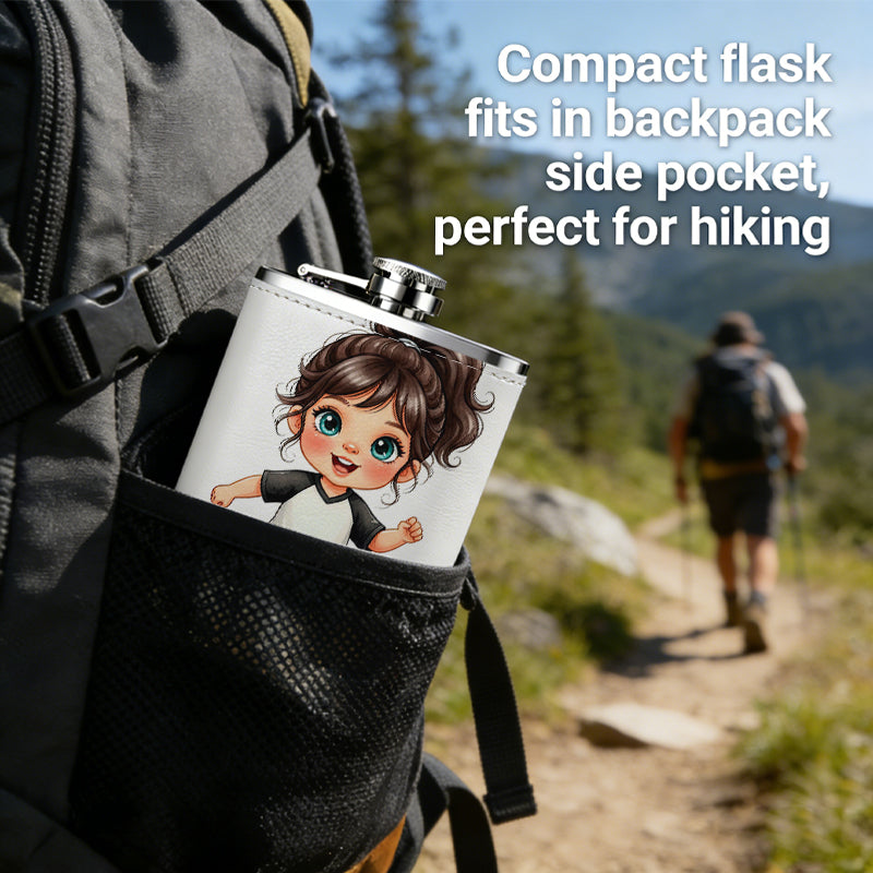 A cartoon girl playing football 8oz Stainless Steel Whiskey Flask with Fashionable pattern print Design - Portable Outdoor Camping & Hunting Flask, Perfect for Tequila, Whiskey, and Spirits - Unique Father'S Day Christmas Gift