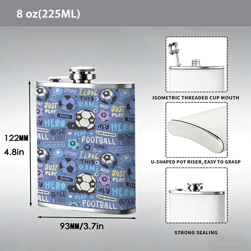 Repeating football soccer pattern 8oz Stainless Steel Whiskey Flask with Fashionable pattern print Design - Portable Outdoor Camping & Hunting Flask, Perfect for Tequila, Whiskey, and Spirits - Unique Father'S Day Christmas Gift
