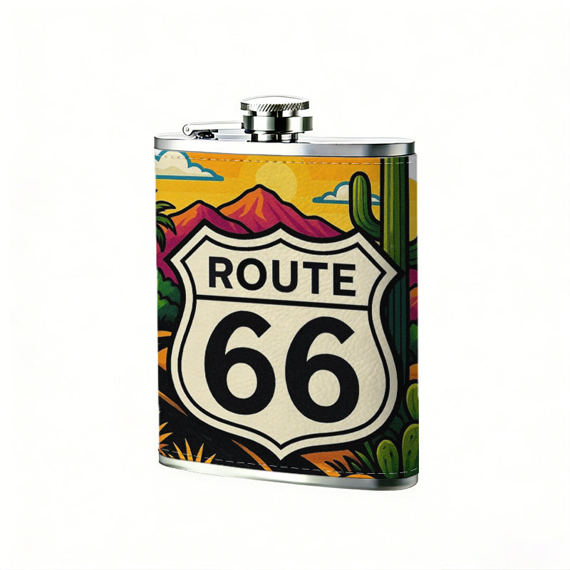 Route 66 desert highway landscape 8oz Stainless Steel Whiskey Flask with Fashionable pattern print Design - Portable Outdoor Camping & Hunting Flask, Perfect for Tequila, Whiskey, and Spirits - Unique Father'S Day Christmas Gift