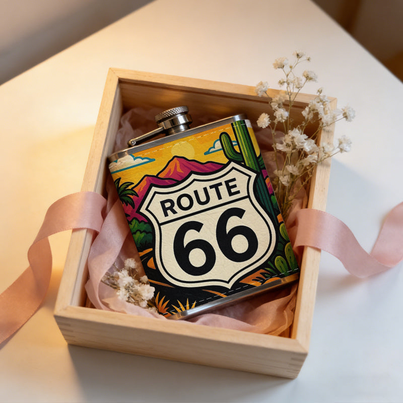 Route 66 desert highway landscape 8oz Stainless Steel Whiskey Flask with Fashionable pattern print Design - Portable Outdoor Camping & Hunting Flask, Perfect for Tequila, Whiskey, and Spirits - Unique Father'S Day Christmas Gift