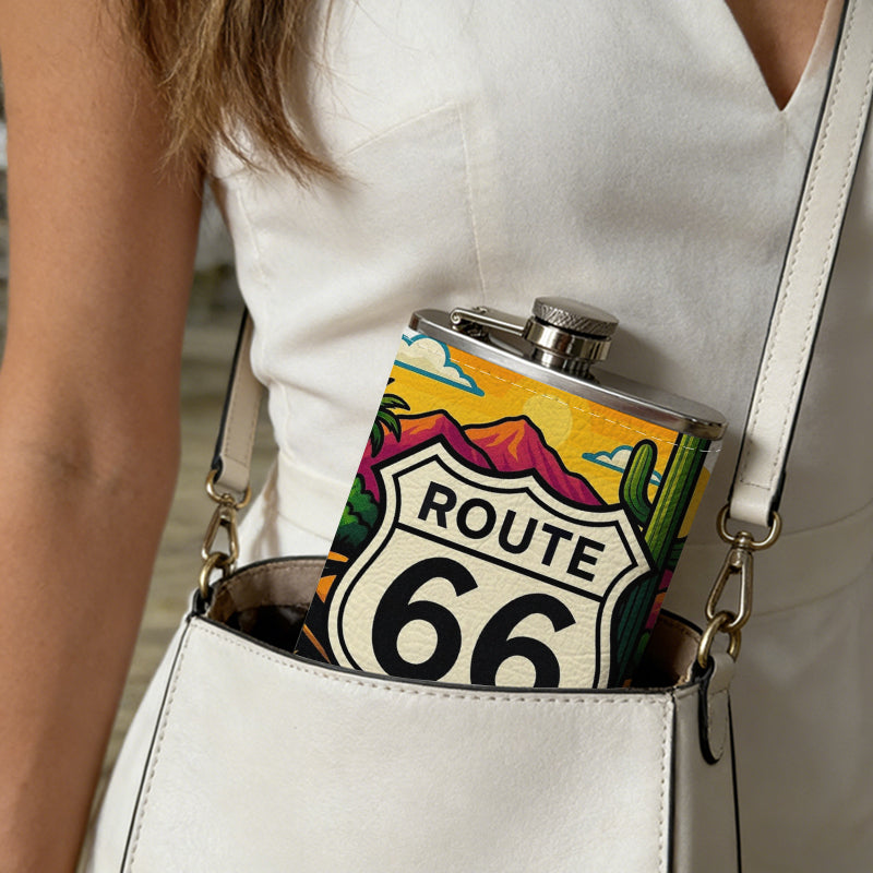 Route 66 desert highway landscape 8oz Stainless Steel Whiskey Flask with Fashionable pattern print Design - Portable Outdoor Camping & Hunting Flask, Perfect for Tequila, Whiskey, and Spirits - Unique Father'S Day Christmas Gift