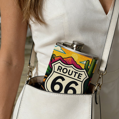 Route 66 desert highway landscape 8oz Stainless Steel Whiskey Flask with Fashionable pattern print Design - Portable Outdoor Camping & Hunting Flask, Perfect for Tequila, Whiskey, and Spirits - Unique Father'S Day Christmas Gift