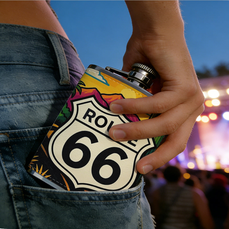 Route 66 desert highway landscape 8oz Stainless Steel Whiskey Flask with Fashionable pattern print Design - Portable Outdoor Camping & Hunting Flask, Perfect for Tequila, Whiskey, and Spirits - Unique Father'S Day Christmas Gift