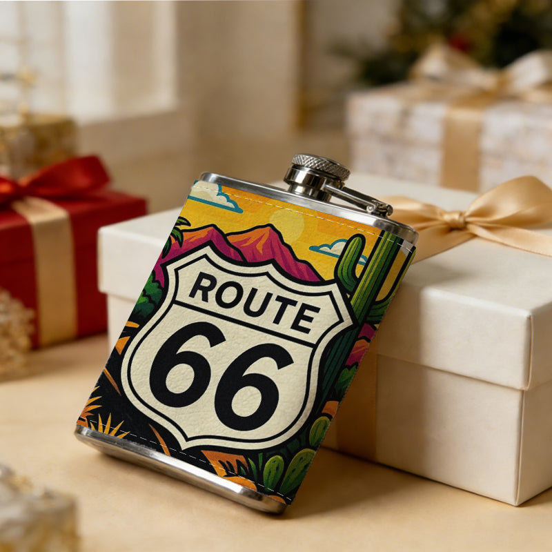 Route 66 desert highway landscape 8oz Stainless Steel Whiskey Flask with Fashionable pattern print Design - Portable Outdoor Camping & Hunting Flask, Perfect for Tequila, Whiskey, and Spirits - Unique Father'S Day Christmas Gift