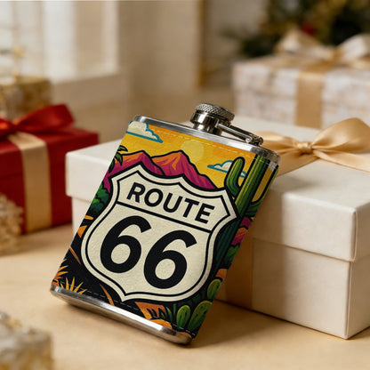 Route 66 desert highway landscape 8oz Stainless Steel Whiskey Flask with Fashionable pattern print Design - Portable Outdoor Camping & Hunting Flask, Perfect for Tequila, Whiskey, and Spirits - Unique Father'S Day Christmas Gift