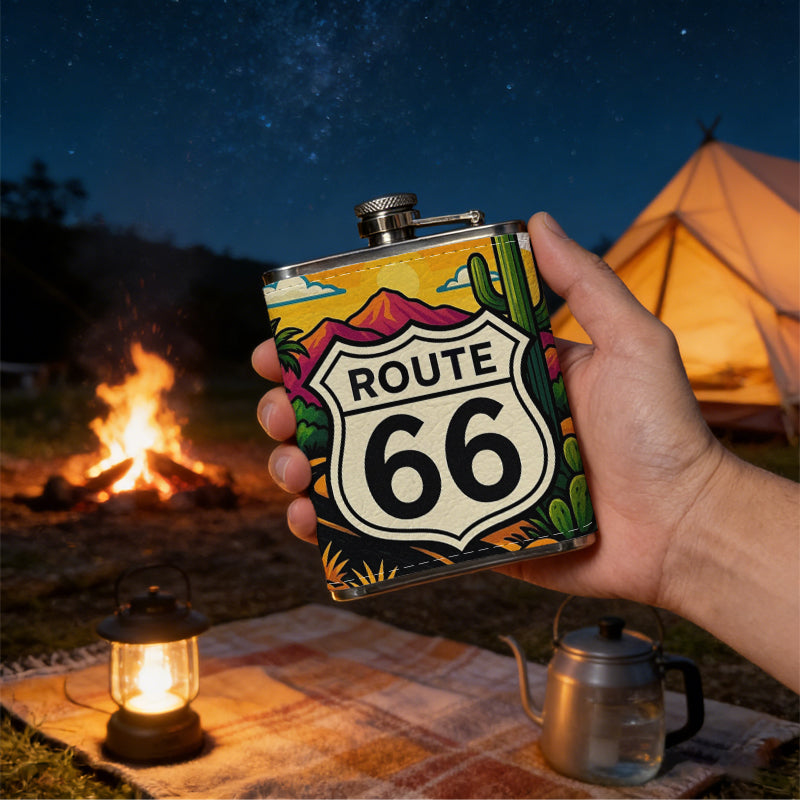 Route 66 desert highway landscape 8oz Stainless Steel Whiskey Flask with Fashionable pattern print Design - Portable Outdoor Camping & Hunting Flask, Perfect for Tequila, Whiskey, and Spirits - Unique Father'S Day Christmas Gift