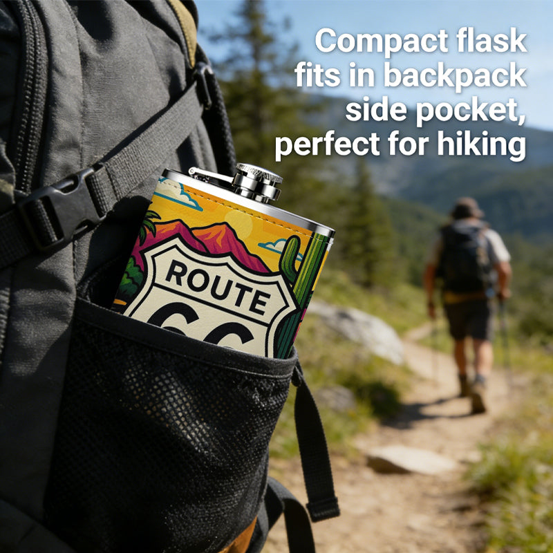 Route 66 desert highway landscape 8oz Stainless Steel Whiskey Flask with Fashionable pattern print Design - Portable Outdoor Camping & Hunting Flask, Perfect for Tequila, Whiskey, and Spirits - Unique Father'S Day Christmas Gift