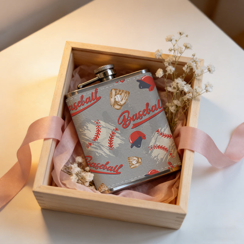 Baseball pattern with bats, helmets and balls 8oz Stainless Steel Whiskey Flask with Fashionable pattern print Design - Portable Outdoor Camping & Hunting Flask, Perfect for Tequila, Whiskey, and Spirits - Unique Father'S Day Christmas Gift