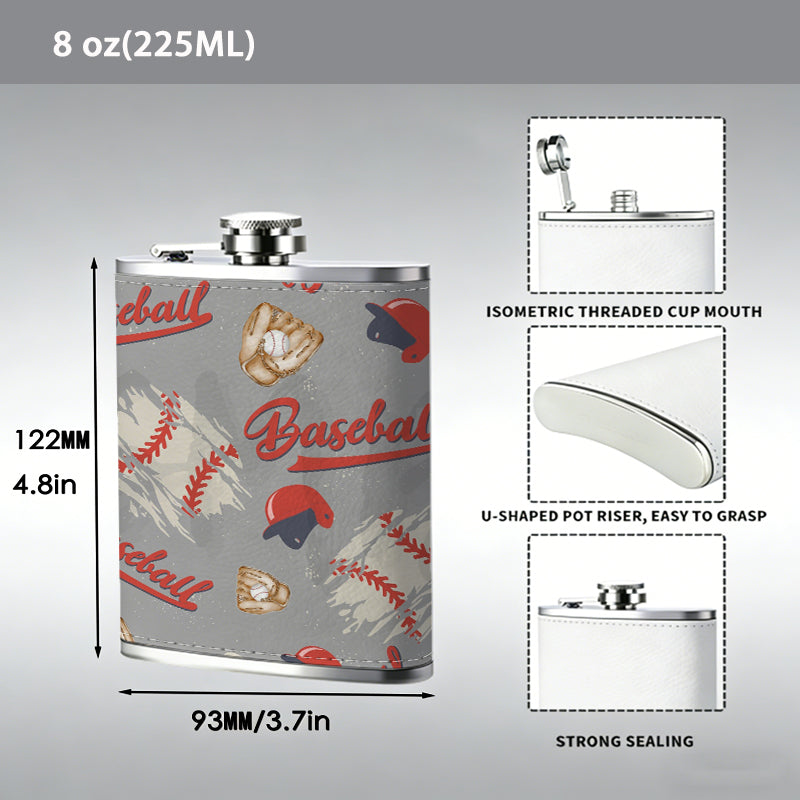 Baseball pattern with bats, helmets and balls 8oz Stainless Steel Whiskey Flask with Fashionable pattern print Design - Portable Outdoor Camping & Hunting Flask, Perfect for Tequila, Whiskey, and Spirits - Unique Father'S Day Christmas Gift