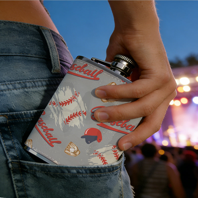 Baseball pattern with bats, helmets and balls 8oz Stainless Steel Whiskey Flask with Fashionable pattern print Design - Portable Outdoor Camping & Hunting Flask, Perfect for Tequila, Whiskey, and Spirits - Unique Father'S Day Christmas Gift