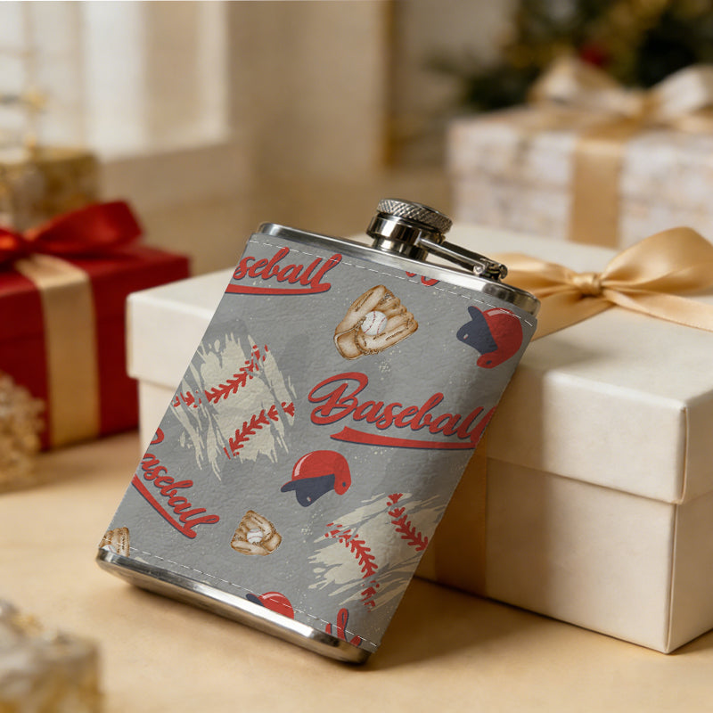 Baseball pattern with bats, helmets and balls 8oz Stainless Steel Whiskey Flask with Fashionable pattern print Design - Portable Outdoor Camping & Hunting Flask, Perfect for Tequila, Whiskey, and Spirits - Unique Father'S Day Christmas Gift