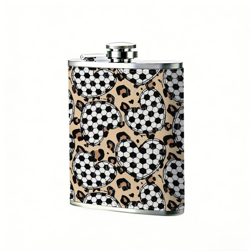 Leopard print with soccer heart patterns 8oz Stainless Steel Whiskey Flask with Fashionable pattern print Design - Portable Outdoor Camping & Hunting Flask, Perfect for Tequila, Whiskey, and Spirits - Unique Father'S Day Christmas Gift