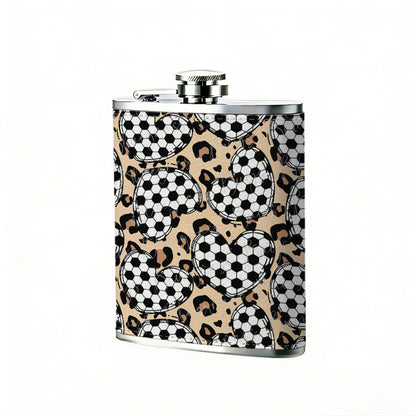 Leopard print with soccer heart patterns 8oz Stainless Steel Whiskey Flask with Fashionable pattern print Design - Portable Outdoor Camping & Hunting Flask, Perfect for Tequila, Whiskey, and Spirits - Unique Father'S Day Christmas Gift