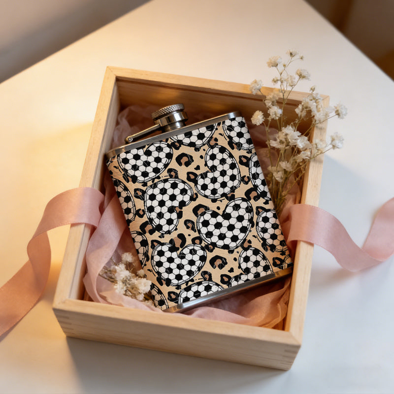 Leopard print with soccer heart patterns 8oz Stainless Steel Whiskey Flask with Fashionable pattern print Design - Portable Outdoor Camping & Hunting Flask, Perfect for Tequila, Whiskey, and Spirits - Unique Father'S Day Christmas Gift
