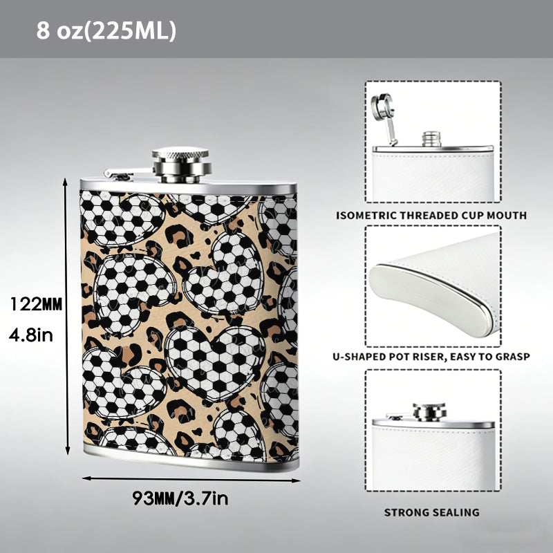 Leopard print with soccer heart patterns 8oz Stainless Steel Whiskey Flask with Fashionable pattern print Design - Portable Outdoor Camping & Hunting Flask, Perfect for Tequila, Whiskey, and Spirits - Unique Father'S Day Christmas Gift