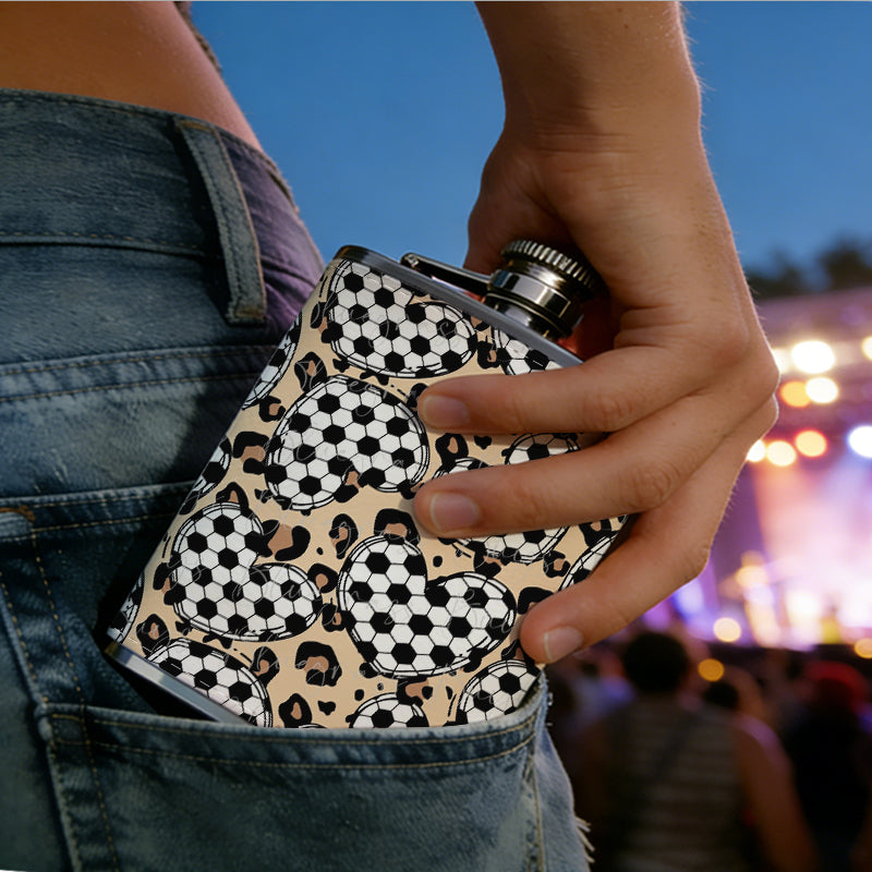 Leopard print with soccer heart patterns 8oz Stainless Steel Whiskey Flask with Fashionable pattern print Design - Portable Outdoor Camping & Hunting Flask, Perfect for Tequila, Whiskey, and Spirits - Unique Father'S Day Christmas Gift