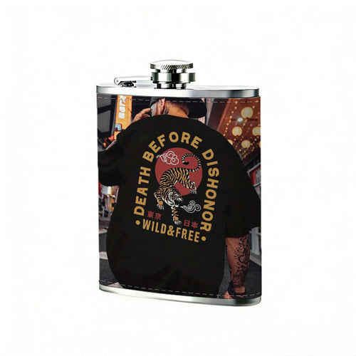 Back of man in skull graphic tee on street 8oz Stainless Steel Whiskey Flask with Fashionable pattern print Design - Portable Outdoor Camping & Hunting Flask, Perfect for Tequila, Whiskey, and Spirits - Unique Father'S Day Christmas Gift