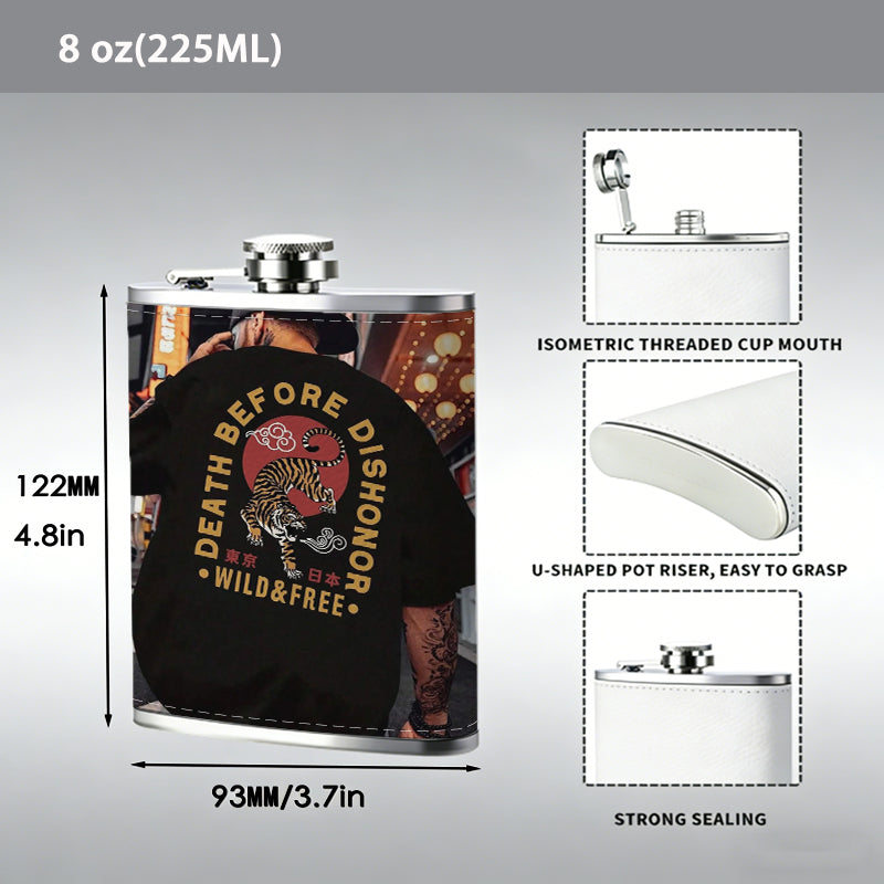 Back of man in skull graphic tee on street 8oz Stainless Steel Whiskey Flask with Fashionable pattern print Design - Portable Outdoor Camping & Hunting Flask, Perfect for Tequila, Whiskey, and Spirits - Unique Father'S Day Christmas Gift
