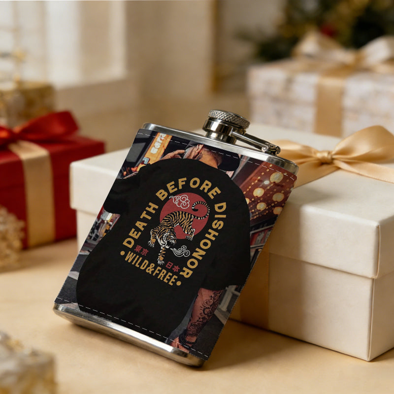 Back of man in skull graphic tee on street 8oz Stainless Steel Whiskey Flask with Fashionable pattern print Design - Portable Outdoor Camping & Hunting Flask, Perfect for Tequila, Whiskey, and Spirits - Unique Father'S Day Christmas Gift