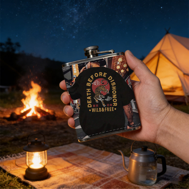 Back of man in skull graphic tee on street 8oz Stainless Steel Whiskey Flask with Fashionable pattern print Design - Portable Outdoor Camping & Hunting Flask, Perfect for Tequila, Whiskey, and Spirits - Unique Father'S Day Christmas Gift
