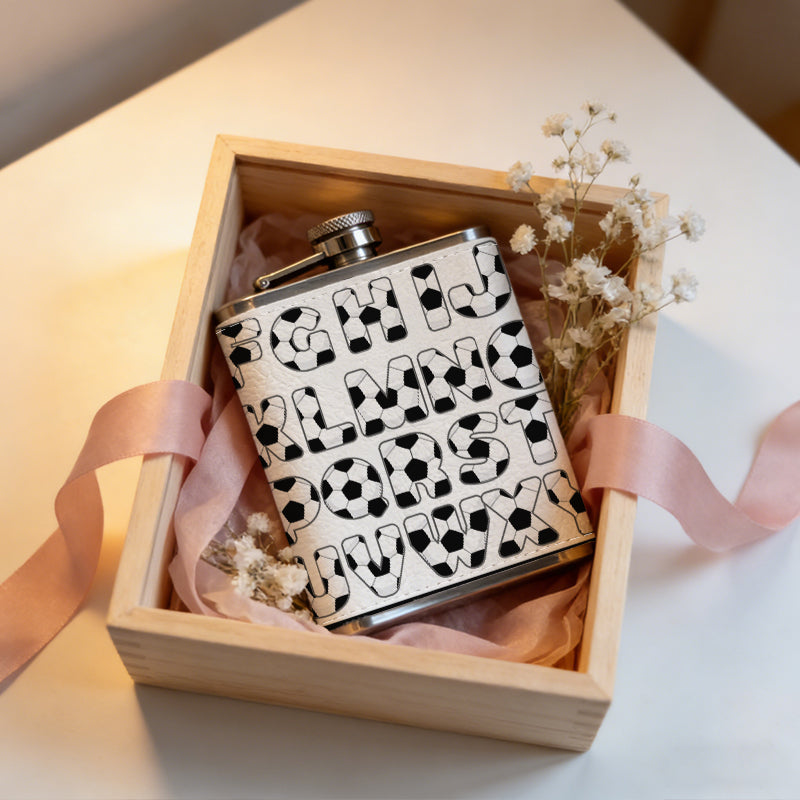 Football patterned English letters 8oz Stainless Steel Whiskey Flask with Fashionable pattern print Design - Portable Outdoor Camping & Hunting Flask, Perfect for Tequila, Whiskey, and Spirits - Unique Father'S Day Christmas Gift