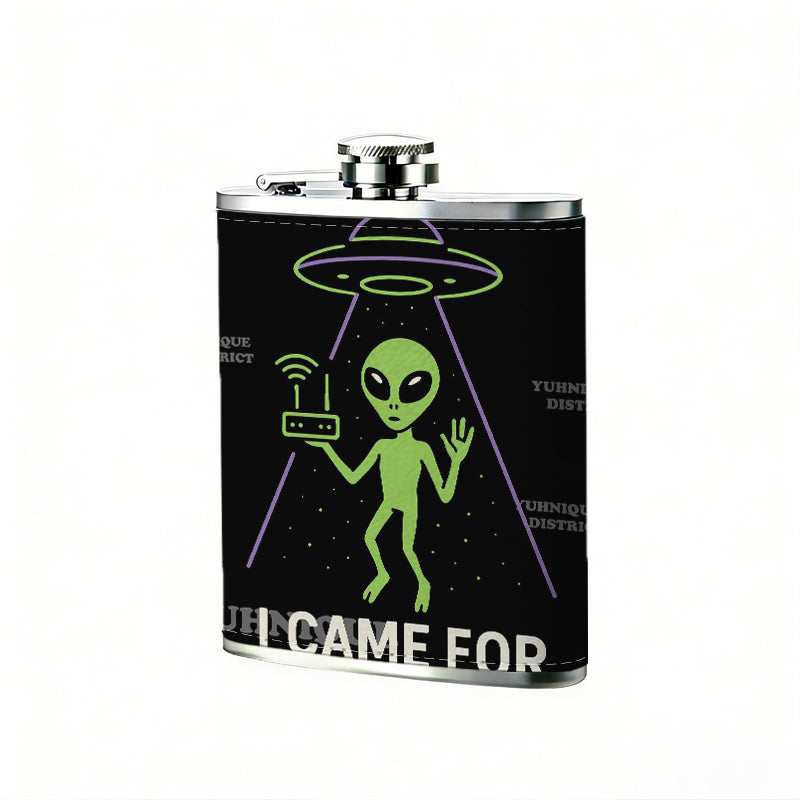 Green alien, UFO and WiFi router 8oz Stainless Steel Whiskey Flask with Fashionable pattern print Design - Portable Outdoor Camping & Hunting Flask, Perfect for Tequila, Whiskey, and Spirits - Unique Father'S Day Christmas Gift