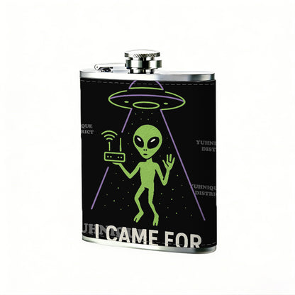 Green alien, UFO and WiFi router 8oz Stainless Steel Whiskey Flask with Fashionable pattern print Design - Portable Outdoor Camping & Hunting Flask, Perfect for Tequila, Whiskey, and Spirits - Unique Father'S Day Christmas Gift