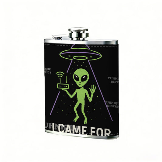 Green alien, UFO and WiFi router 8oz Stainless Steel Whiskey Flask with Fashionable pattern print Design - Portable Outdoor Camping & Hunting Flask, Perfect for Tequila, Whiskey, and Spirits - Unique Father'S Day Christmas Gift