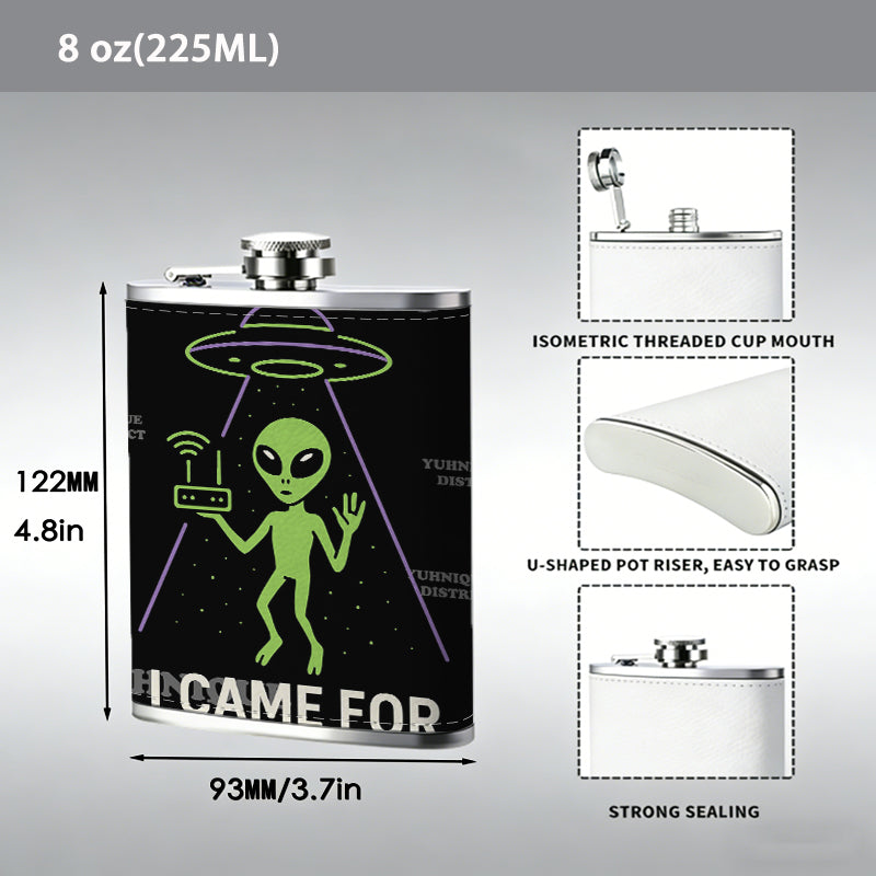 Green alien, UFO and WiFi router 8oz Stainless Steel Whiskey Flask with Fashionable pattern print Design - Portable Outdoor Camping & Hunting Flask, Perfect for Tequila, Whiskey, and Spirits - Unique Father'S Day Christmas Gift
