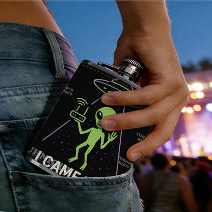 Green alien, UFO and WiFi router 8oz Stainless Steel Whiskey Flask with Fashionable pattern print Design - Portable Outdoor Camping & Hunting Flask, Perfect for Tequila, Whiskey, and Spirits - Unique Father'S Day Christmas Gift