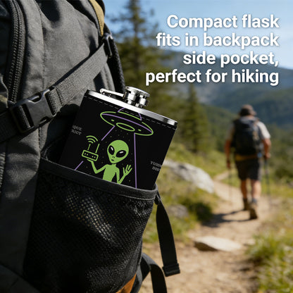 Green alien, UFO and WiFi router 8oz Stainless Steel Whiskey Flask with Fashionable pattern print Design - Portable Outdoor Camping & Hunting Flask, Perfect for Tequila, Whiskey, and Spirits - Unique Father'S Day Christmas Gift