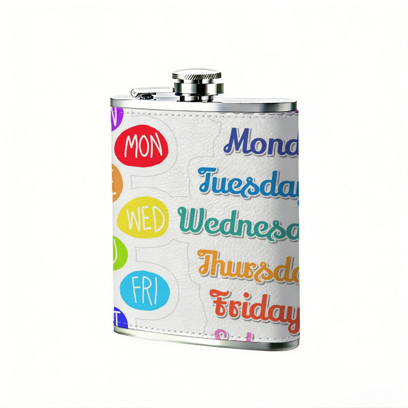 Colorful days of the week stickers 8oz Stainless Steel Whiskey Flask with Fashionable pattern print Design - Portable Outdoor Camping & Hunting Flask, Perfect for Tequila, Whiskey, and Spirits - Unique Father'S Day Christmas Gift