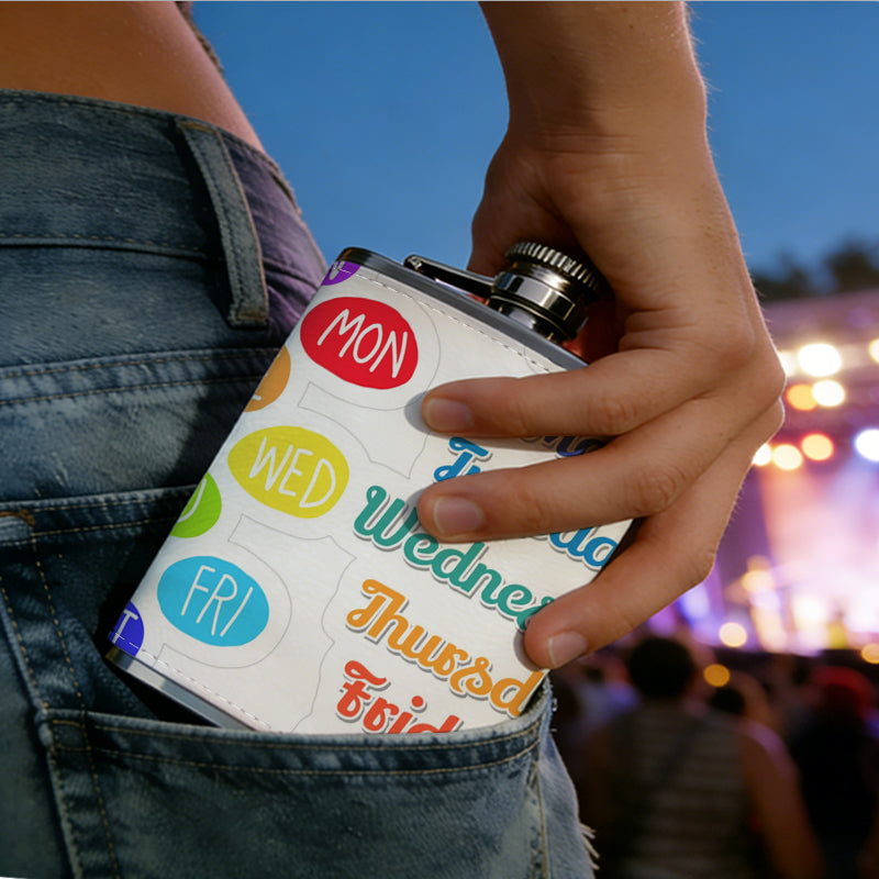 Colorful days of the week stickers 8oz Stainless Steel Whiskey Flask with Fashionable pattern print Design - Portable Outdoor Camping & Hunting Flask, Perfect for Tequila, Whiskey, and Spirits - Unique Father'S Day Christmas Gift