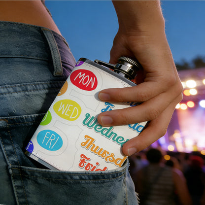 Colorful days of the week stickers 8oz Stainless Steel Whiskey Flask with Fashionable pattern print Design - Portable Outdoor Camping & Hunting Flask, Perfect for Tequila, Whiskey, and Spirits - Unique Father'S Day Christmas Gift