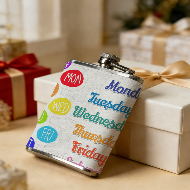 Colorful days of the week stickers 8oz Stainless Steel Whiskey Flask with Fashionable pattern print Design - Portable Outdoor Camping & Hunting Flask, Perfect for Tequila, Whiskey, and Spirits - Unique Father'S Day Christmas Gift
