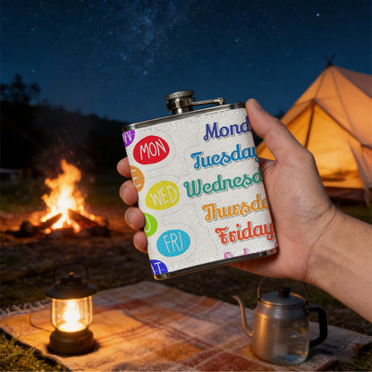 Colorful days of the week stickers 8oz Stainless Steel Whiskey Flask with Fashionable pattern print Design - Portable Outdoor Camping & Hunting Flask, Perfect for Tequila, Whiskey, and Spirits - Unique Father'S Day Christmas Gift