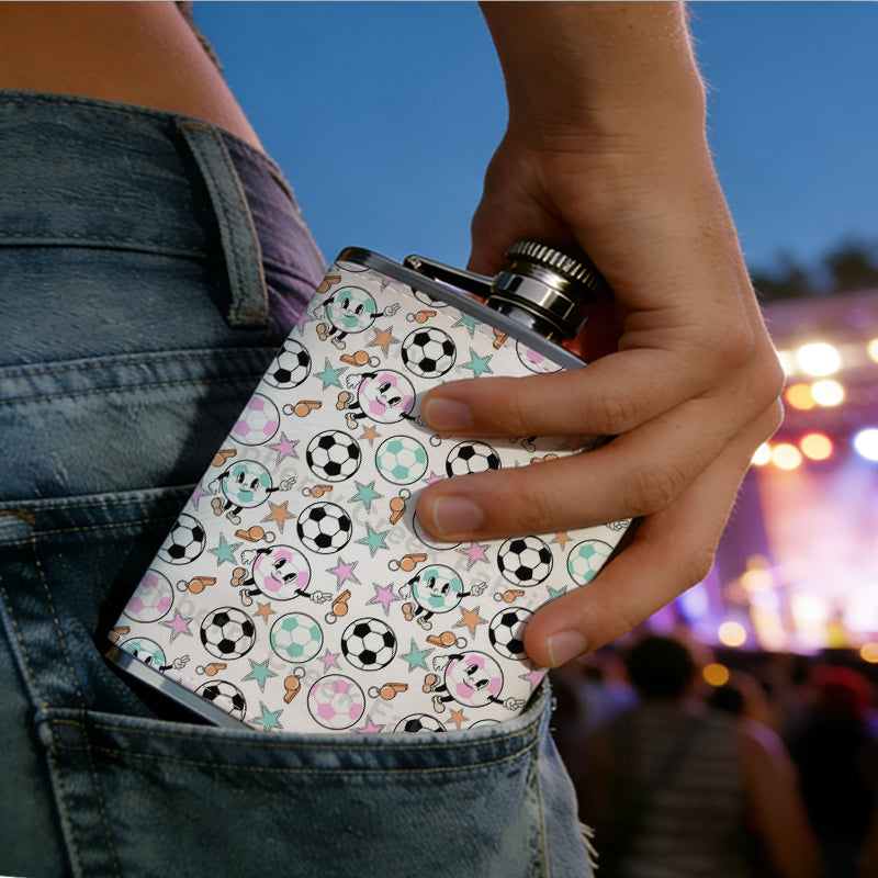 Seamless soccer balls pattern 8oz Stainless Steel Whiskey Flask with Fashionable pattern print Design - Portable Outdoor Camping & Hunting Flask, Perfect for Tequila, Whiskey, and Spirits - Unique Father'S Day Christmas Gift