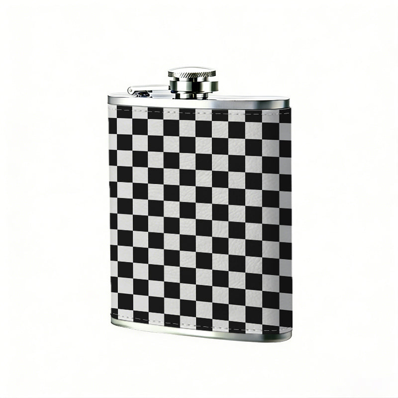 Black and white checkerboard pattern 8oz Stainless Steel Whiskey Flask with Fashionable pattern print Design - Portable Outdoor Camping & Hunting Flask, Perfect for Tequila, Whiskey, and Spirits - Unique Father'S Day Christmas Gift
