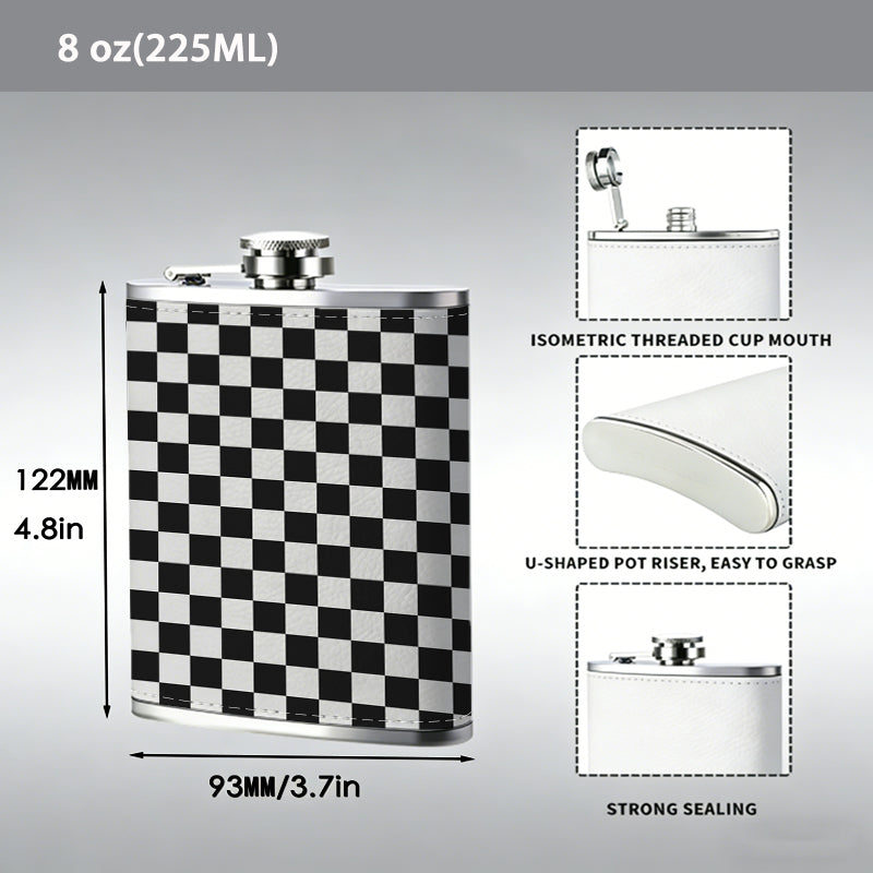 Black and white checkerboard pattern 8oz Stainless Steel Whiskey Flask with Fashionable pattern print Design - Portable Outdoor Camping & Hunting Flask, Perfect for Tequila, Whiskey, and Spirits - Unique Father'S Day Christmas Gift