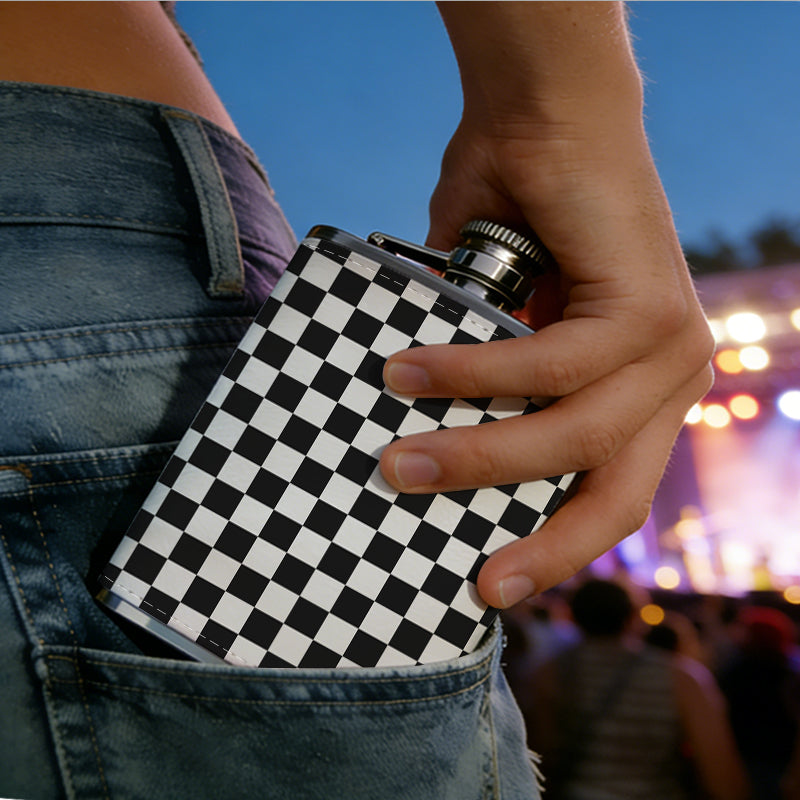 Black and white checkerboard pattern 8oz Stainless Steel Whiskey Flask with Fashionable pattern print Design - Portable Outdoor Camping & Hunting Flask, Perfect for Tequila, Whiskey, and Spirits - Unique Father'S Day Christmas Gift