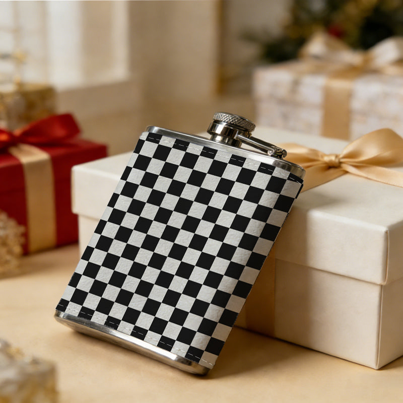 Black and white checkerboard pattern 8oz Stainless Steel Whiskey Flask with Fashionable pattern print Design - Portable Outdoor Camping & Hunting Flask, Perfect for Tequila, Whiskey, and Spirits - Unique Father'S Day Christmas Gift
