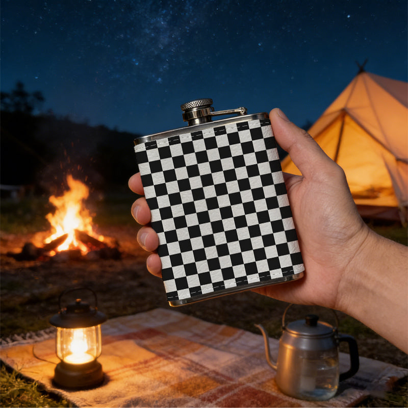 Black and white checkerboard pattern 8oz Stainless Steel Whiskey Flask with Fashionable pattern print Design - Portable Outdoor Camping & Hunting Flask, Perfect for Tequila, Whiskey, and Spirits - Unique Father'S Day Christmas Gift