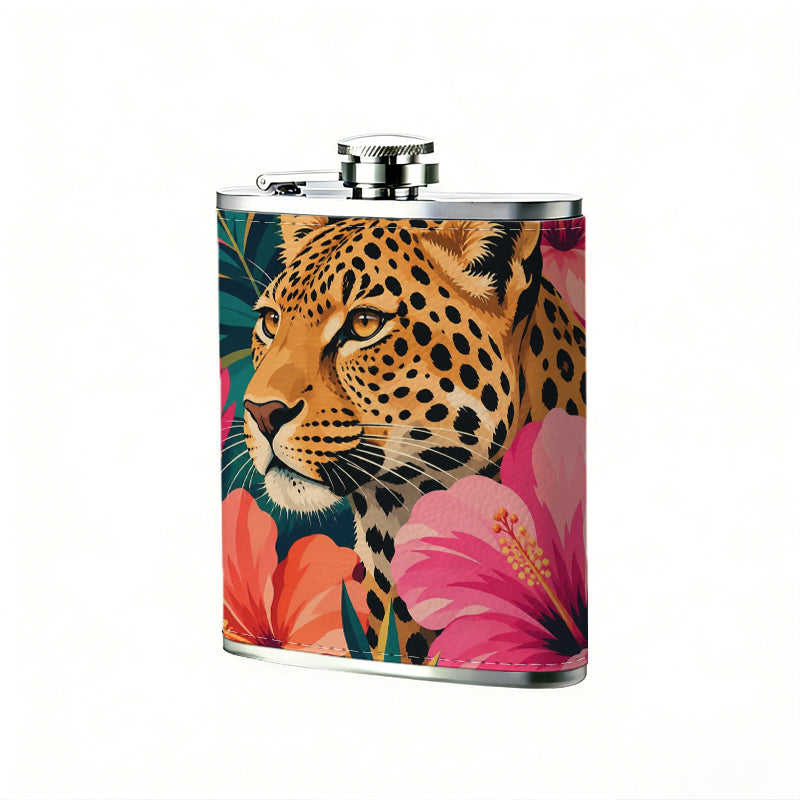 Leopard and tropical flowers 8oz Stainless Steel Whiskey Flask with Fashionable pattern print Design - Portable Outdoor Camping & Hunting Flask, Perfect for Tequila, Whiskey, and Spirits - Unique Father'S Day Christmas Gift