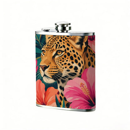 Leopard and tropical flowers 8oz Stainless Steel Whiskey Flask with Fashionable pattern print Design - Portable Outdoor Camping & Hunting Flask, Perfect for Tequila, Whiskey, and Spirits - Unique Father'S Day Christmas Gift