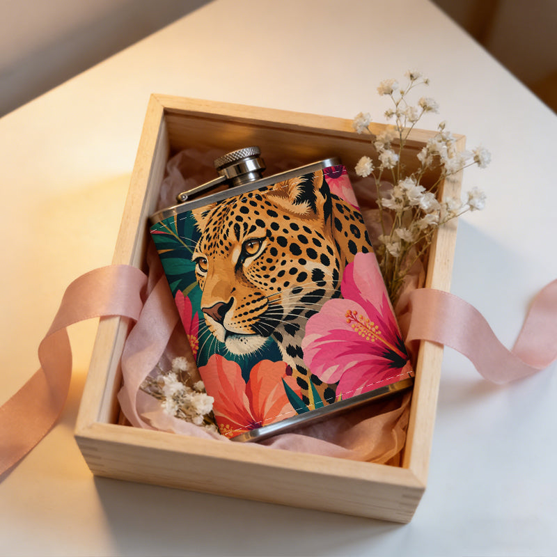 Leopard and tropical flowers 8oz Stainless Steel Whiskey Flask with Fashionable pattern print Design - Portable Outdoor Camping & Hunting Flask, Perfect for Tequila, Whiskey, and Spirits - Unique Father'S Day Christmas Gift