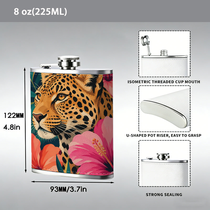 Leopard and tropical flowers 8oz Stainless Steel Whiskey Flask with Fashionable pattern print Design - Portable Outdoor Camping & Hunting Flask, Perfect for Tequila, Whiskey, and Spirits - Unique Father'S Day Christmas Gift
