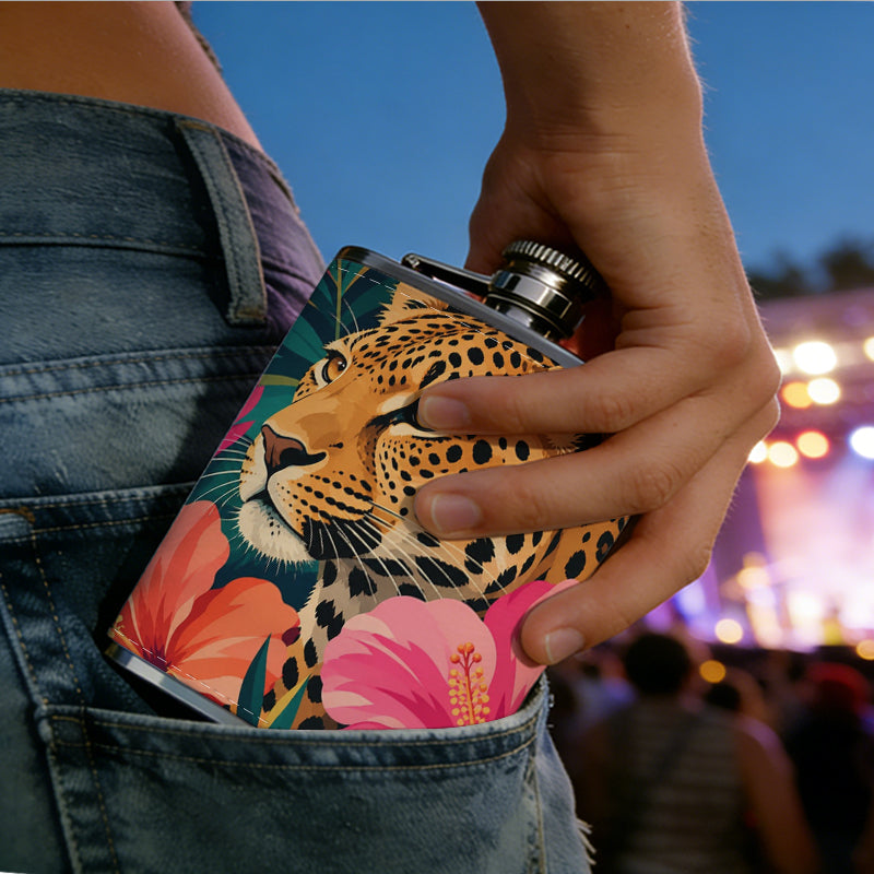 Leopard and tropical flowers 8oz Stainless Steel Whiskey Flask with Fashionable pattern print Design - Portable Outdoor Camping & Hunting Flask, Perfect for Tequila, Whiskey, and Spirits - Unique Father'S Day Christmas Gift